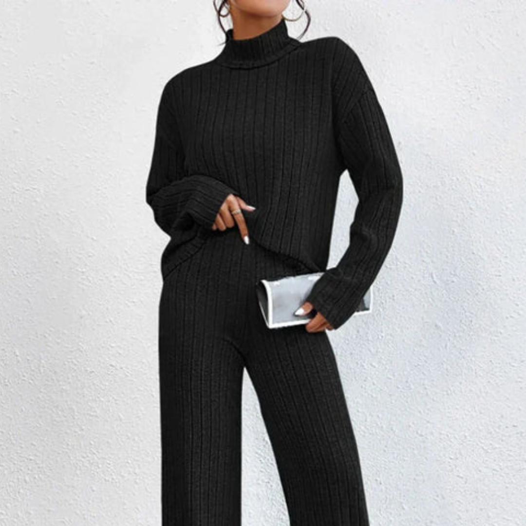 Trainingsanzug Damen 2-teilig Strick mit Rollkragen & Wide-Leg Hose – KnitChic Set