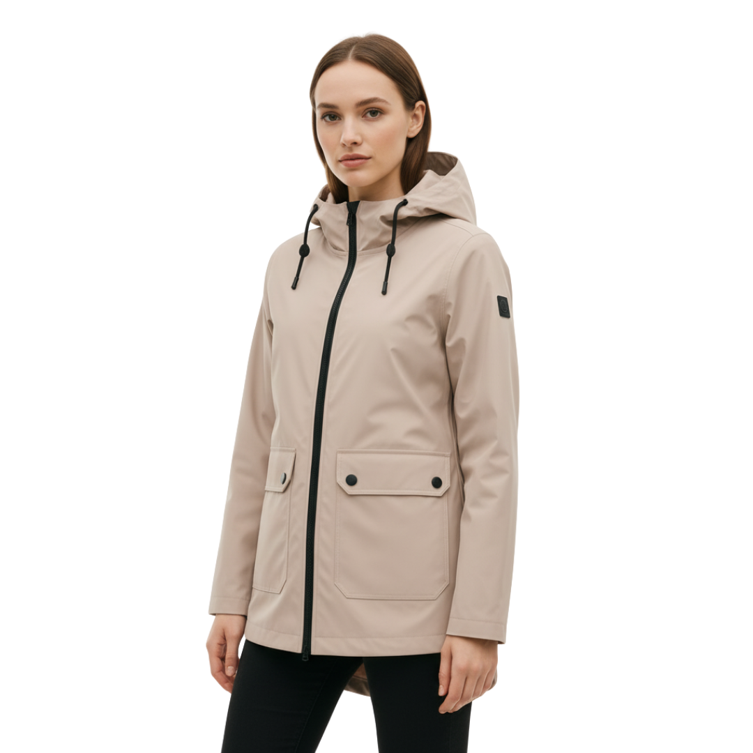 Damen langer wasserdichter Regenmantel mit Kapuze – Leichte winddichte Jacke mit Taschen