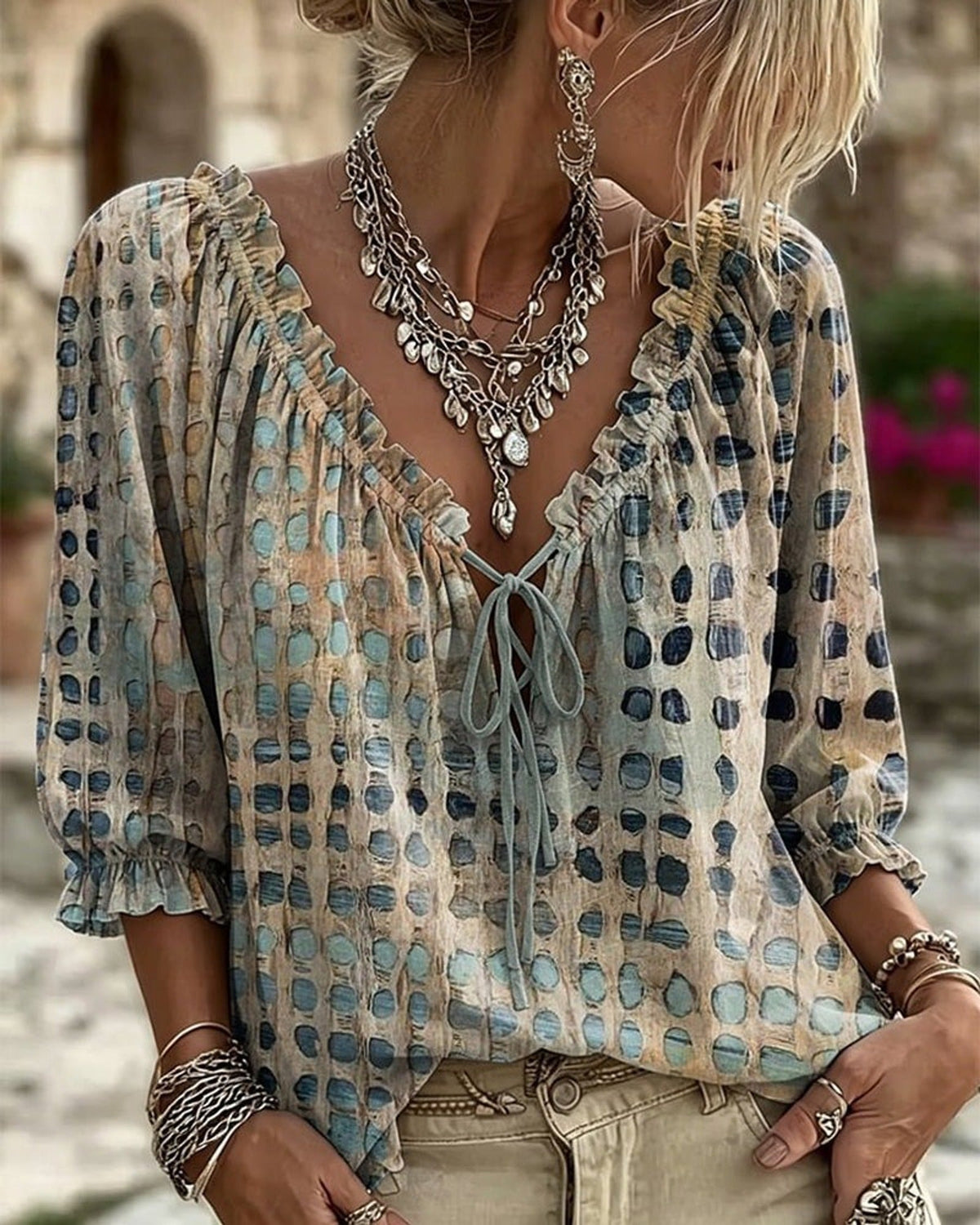 Boho Print Blusenshirt mit Bindenausschnitt