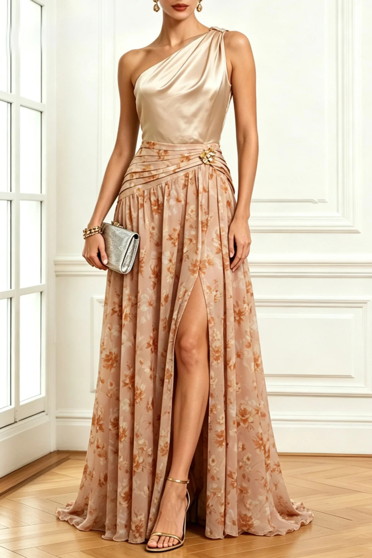 Khakigrünes One-Shoulder-Abendkleid mit Schlitz