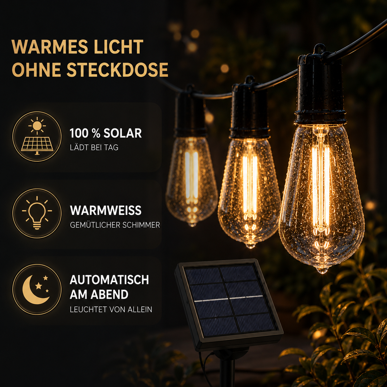 CampGlow Solar Lichterkette Balkon | Wetterfest, warmweiß, ohne Steckdose