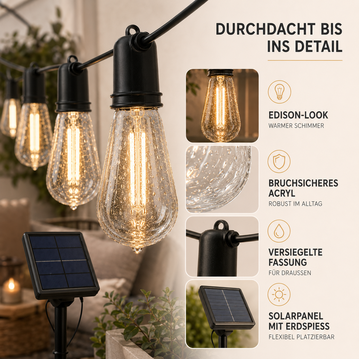 CampGlow Solar Lichterkette Balkon | Wetterfest, warmweiß, ohne Steckdose