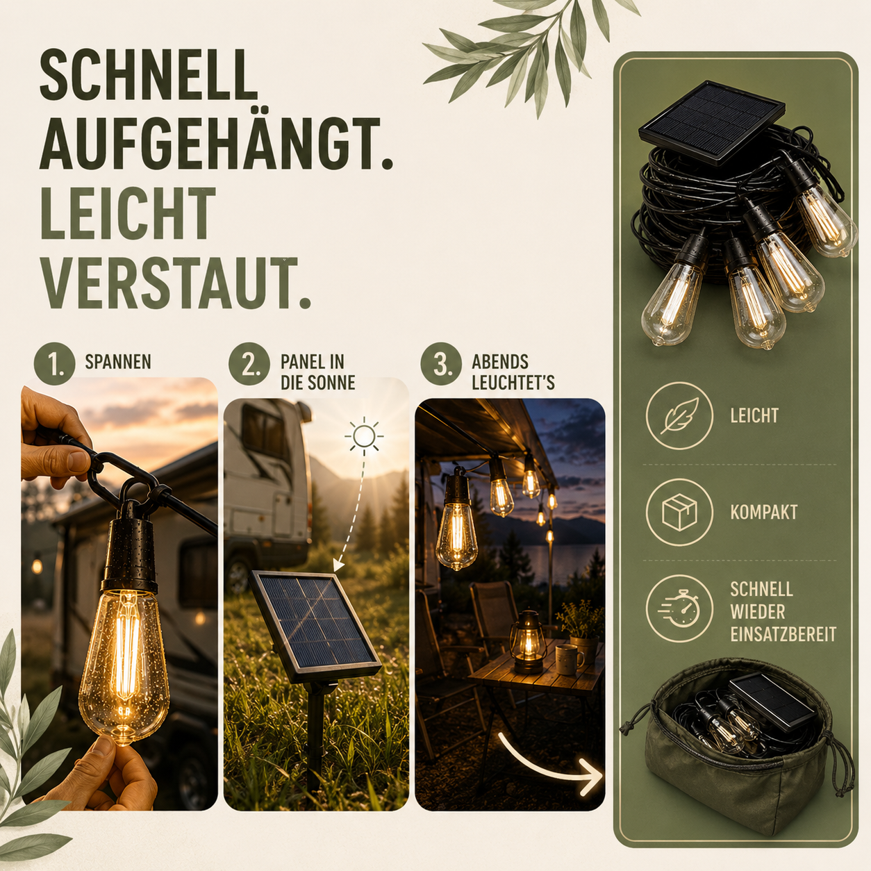 CampGlow Solar Lichterkette Camping | Wohnmobil & Vorzelt, ohne Strom