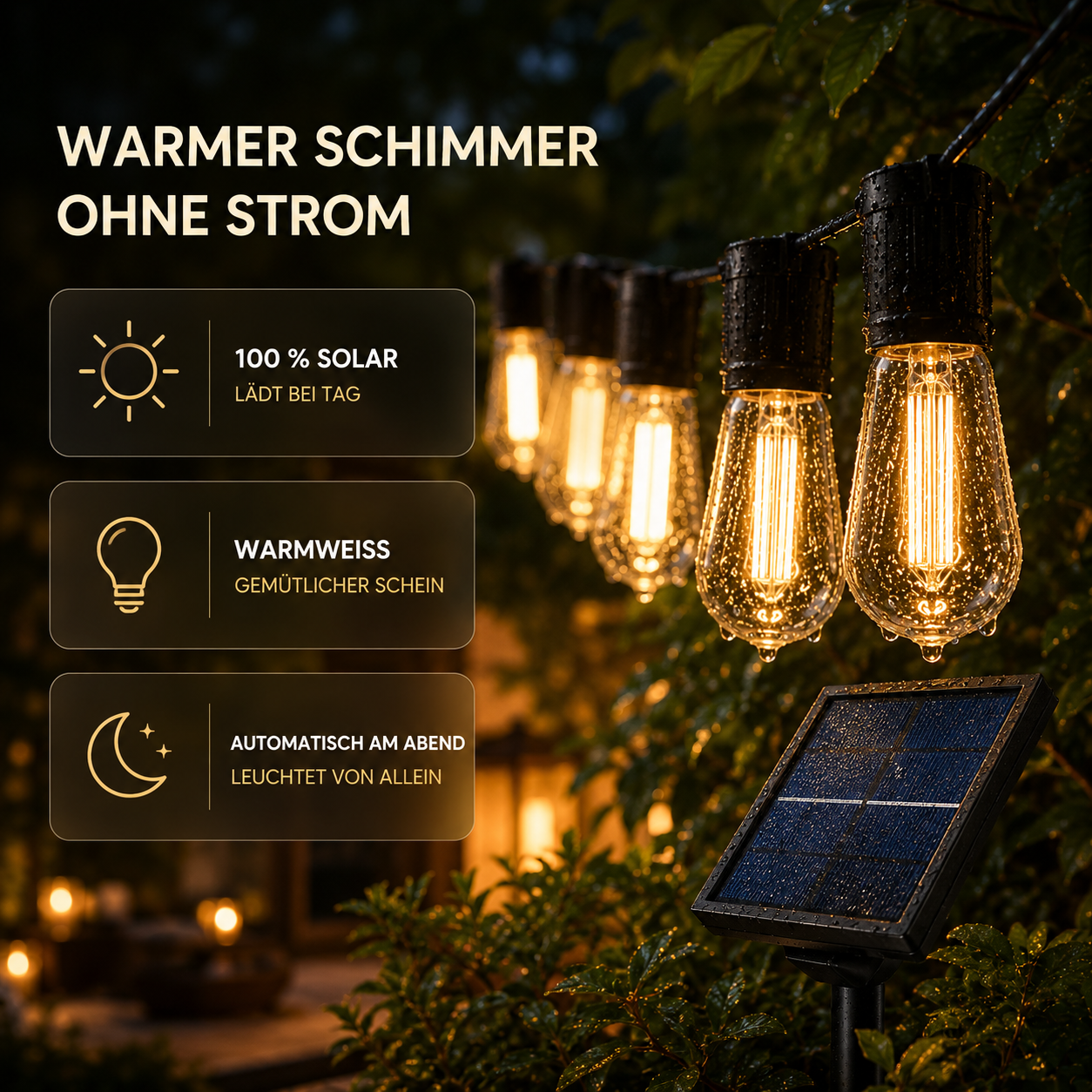 CampGlow Solar Lichterkette Garten | Wetterfest, warmweiß, ohne Strom