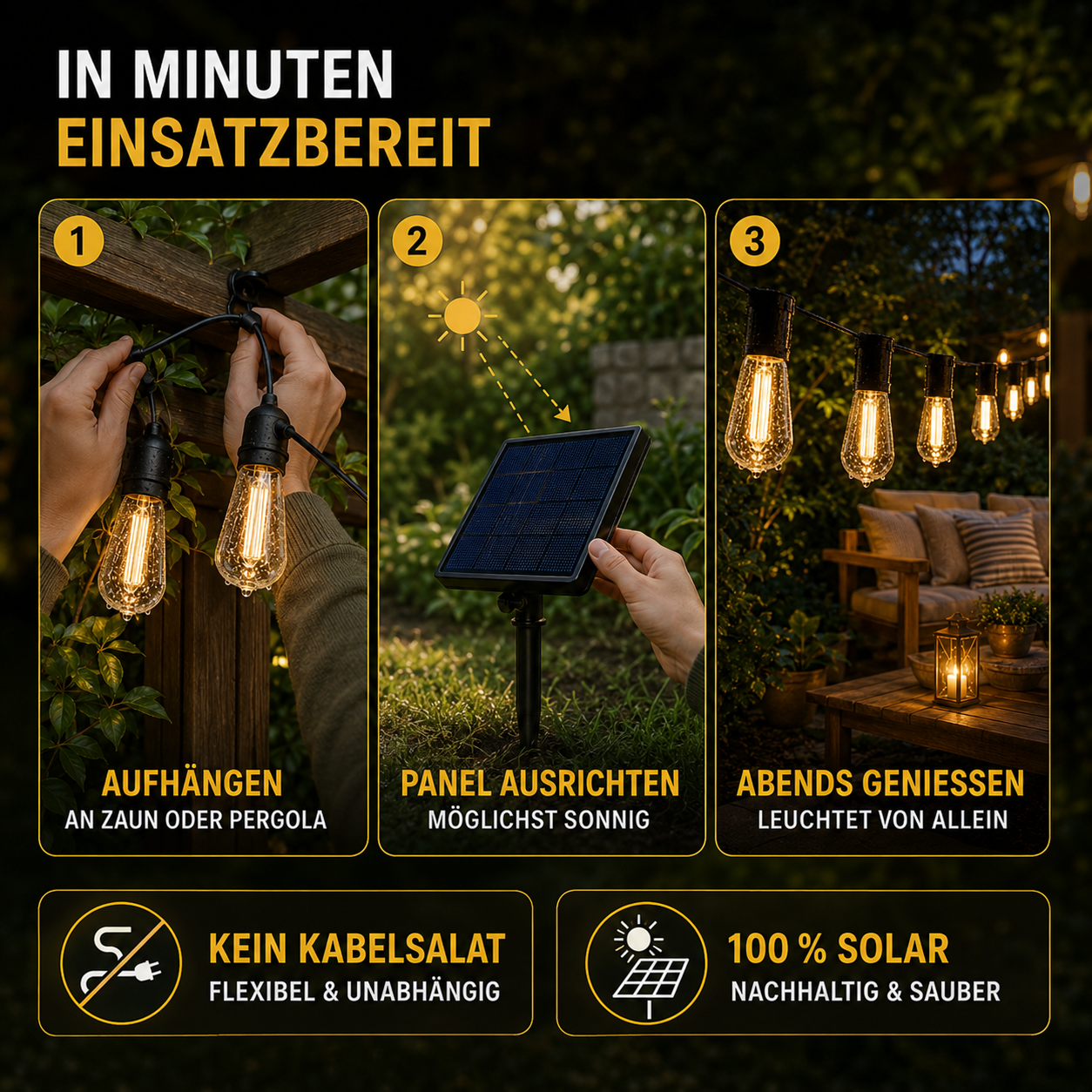 CampGlow Solar Lichterkette Garten | Wetterfest, warmweiß, ohne Strom
