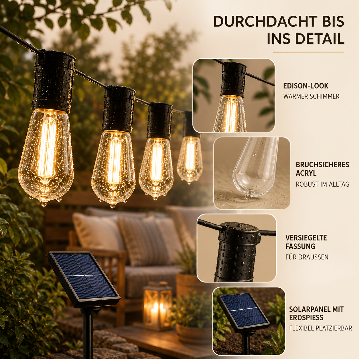 CampGlow Solar Lichterkette Garten | Wetterfest, warmweiß, ohne Strom