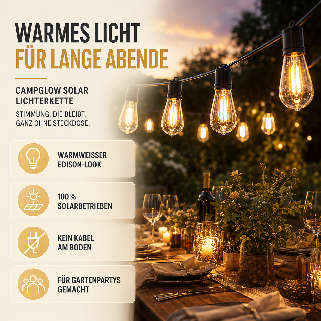 CampGlow Solar Lichterkette für Gartenparty | Wetterfest, warmweiß