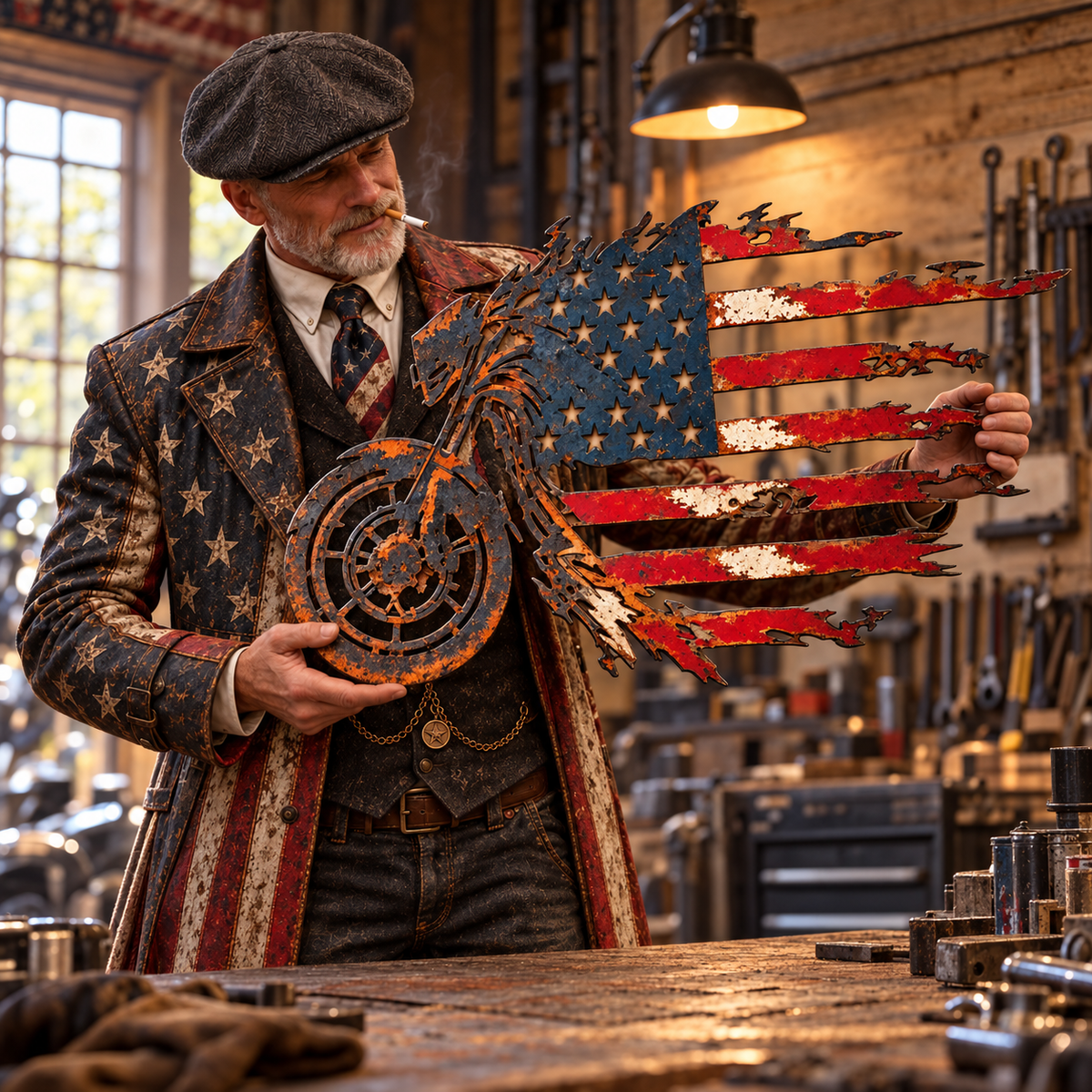 Vintage American Flag Motorrad Metall Wandkunst