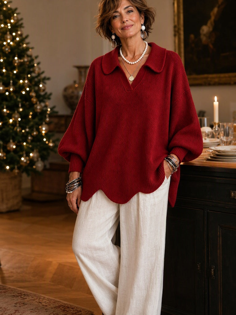 Eleganter Strickpullover mit Kragen und Wellensaum