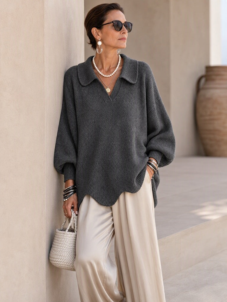 Eleganter Strickpullover mit Kragen und Wellensaum