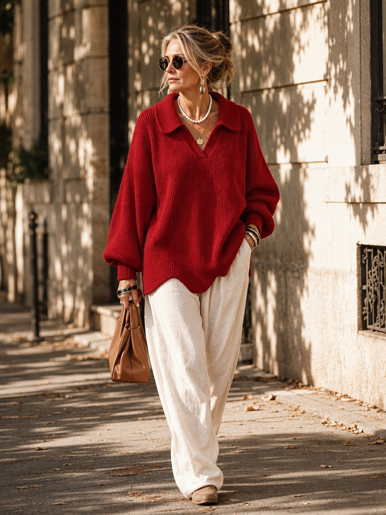 Eleganter Strickpullover mit Kragen und Wellensaum