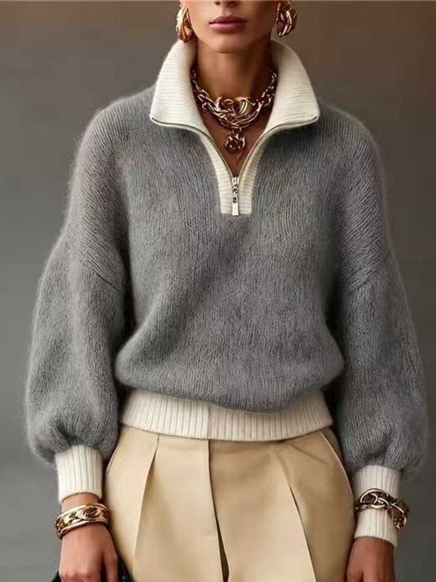 Pullover mit Kontrastdesign, Viertelreißverschluss und Stehkragen