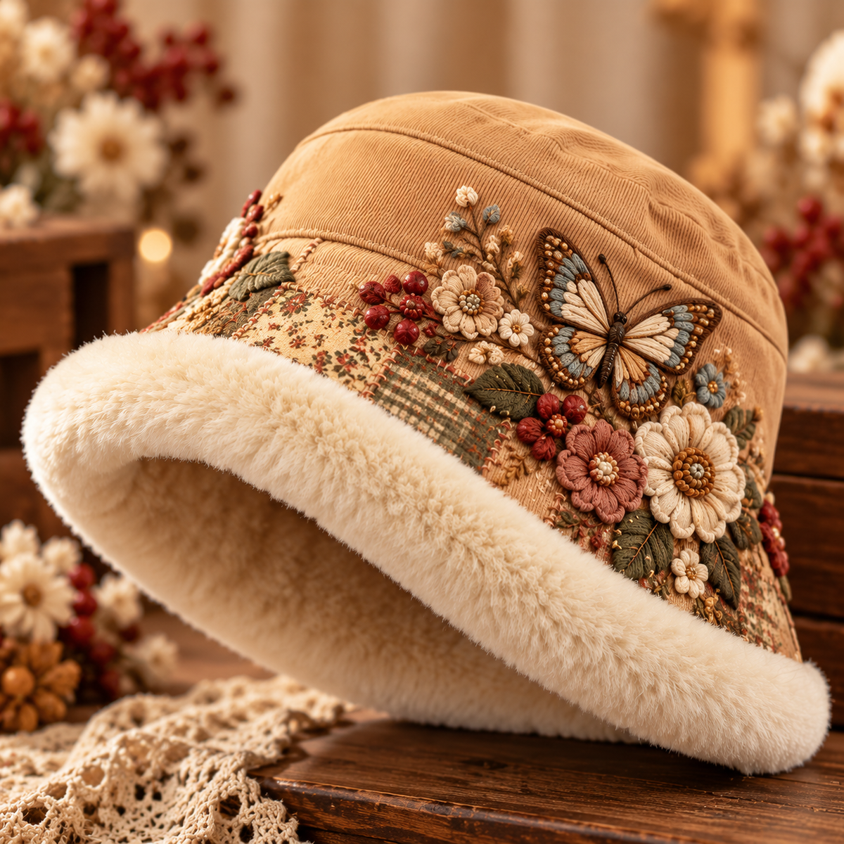 Kuschelig gefütterter Damen-Winter-Bucket-Hat mit Blumen- und Tiermotiven