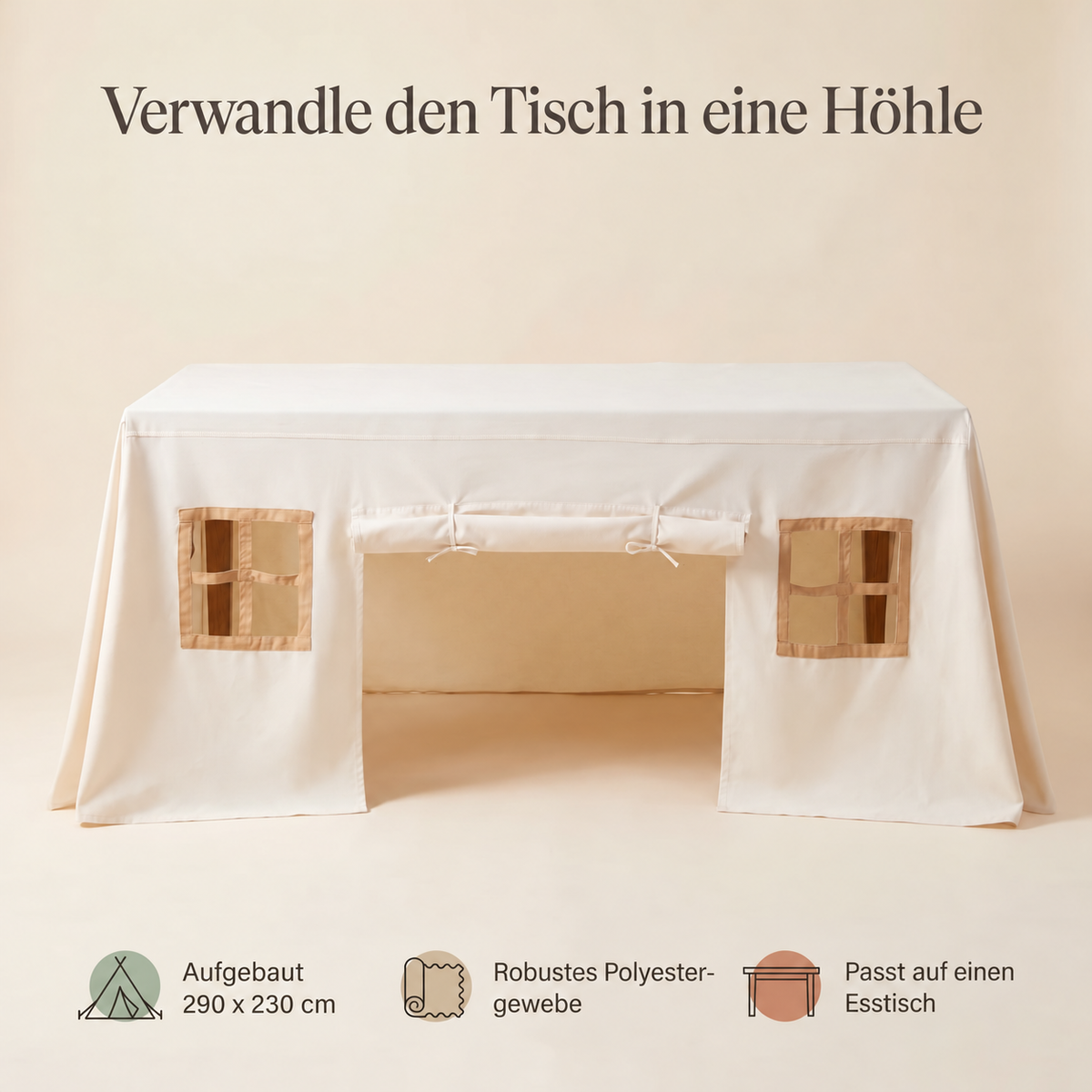 Nordspur | Tisch-Spielzelt | Passt über Esstische, 290 x 230 cm – Natur