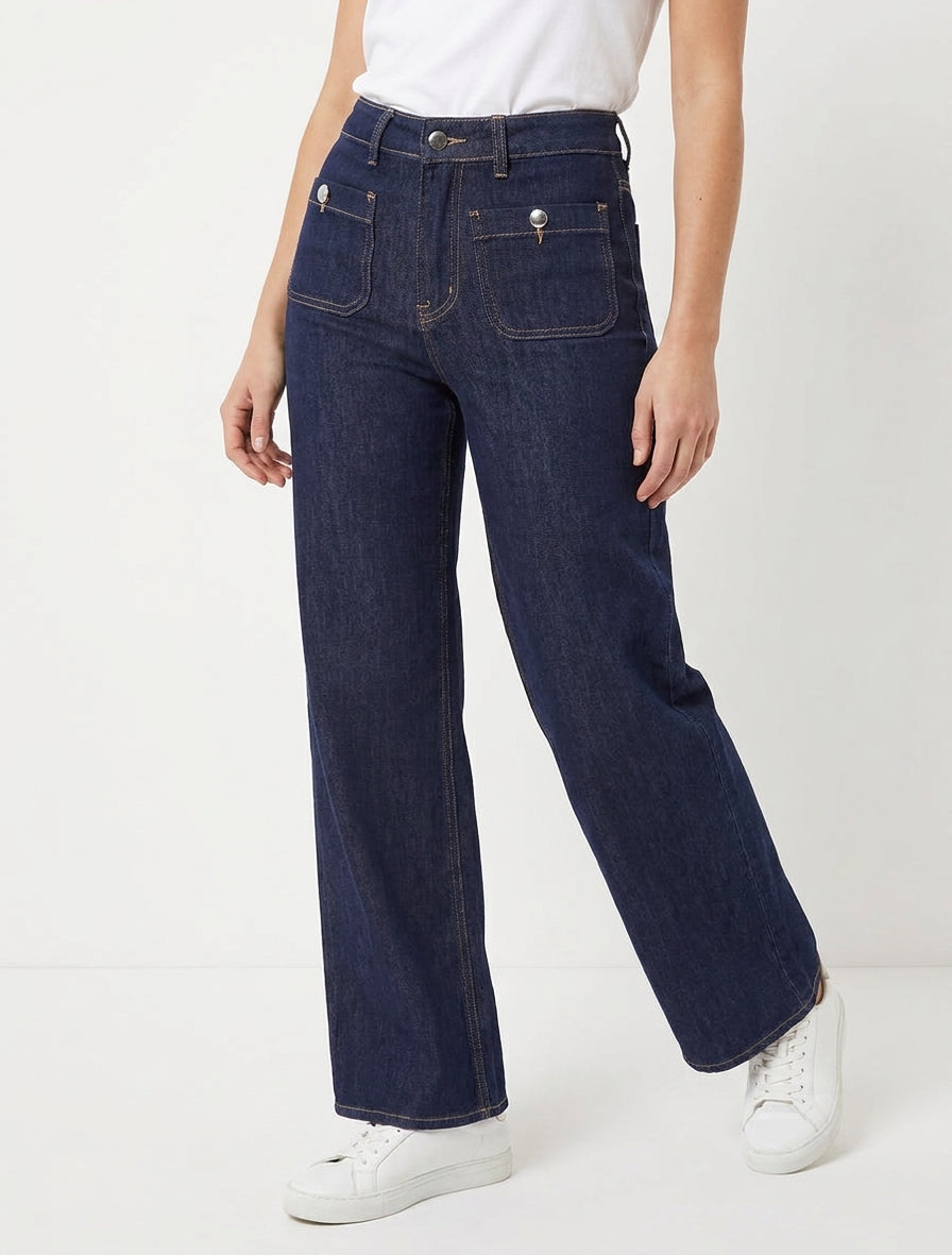 Wide Leg Jeans mit hoher Taille und goldenen Ziernähten - Rohes Blau