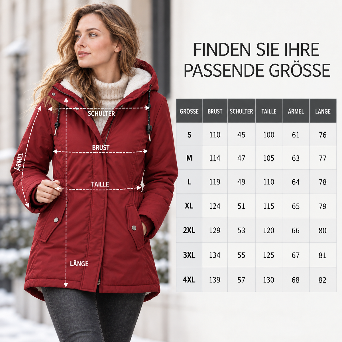 Damen Fleece-gefütterte Kapuzenjacke mit langem Schnitt – Wintermantel