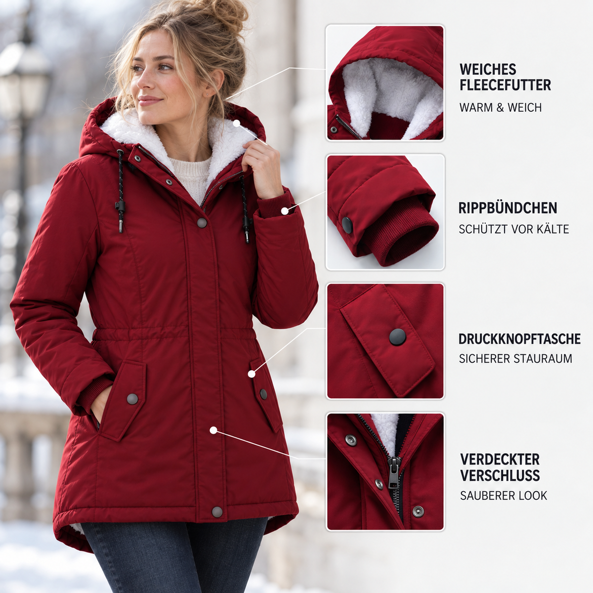 Damen Fleece-gefütterte Kapuzenjacke mit langem Schnitt – Wintermantel