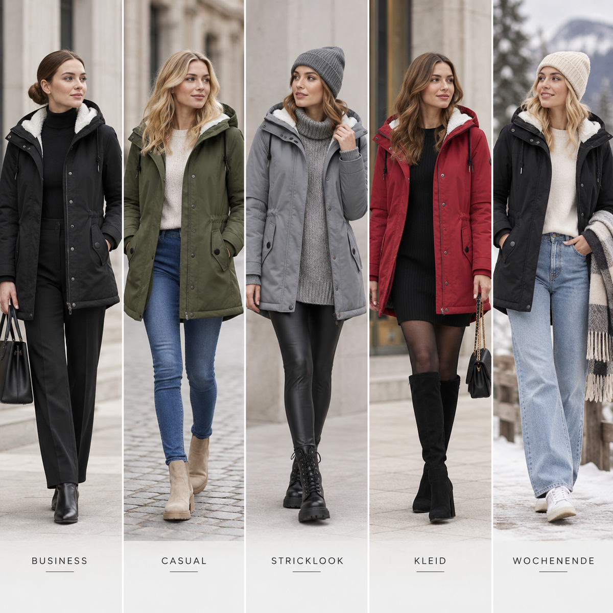 Damen Fleece-gefütterte Kapuzenjacke mit langem Schnitt – Wintermantel