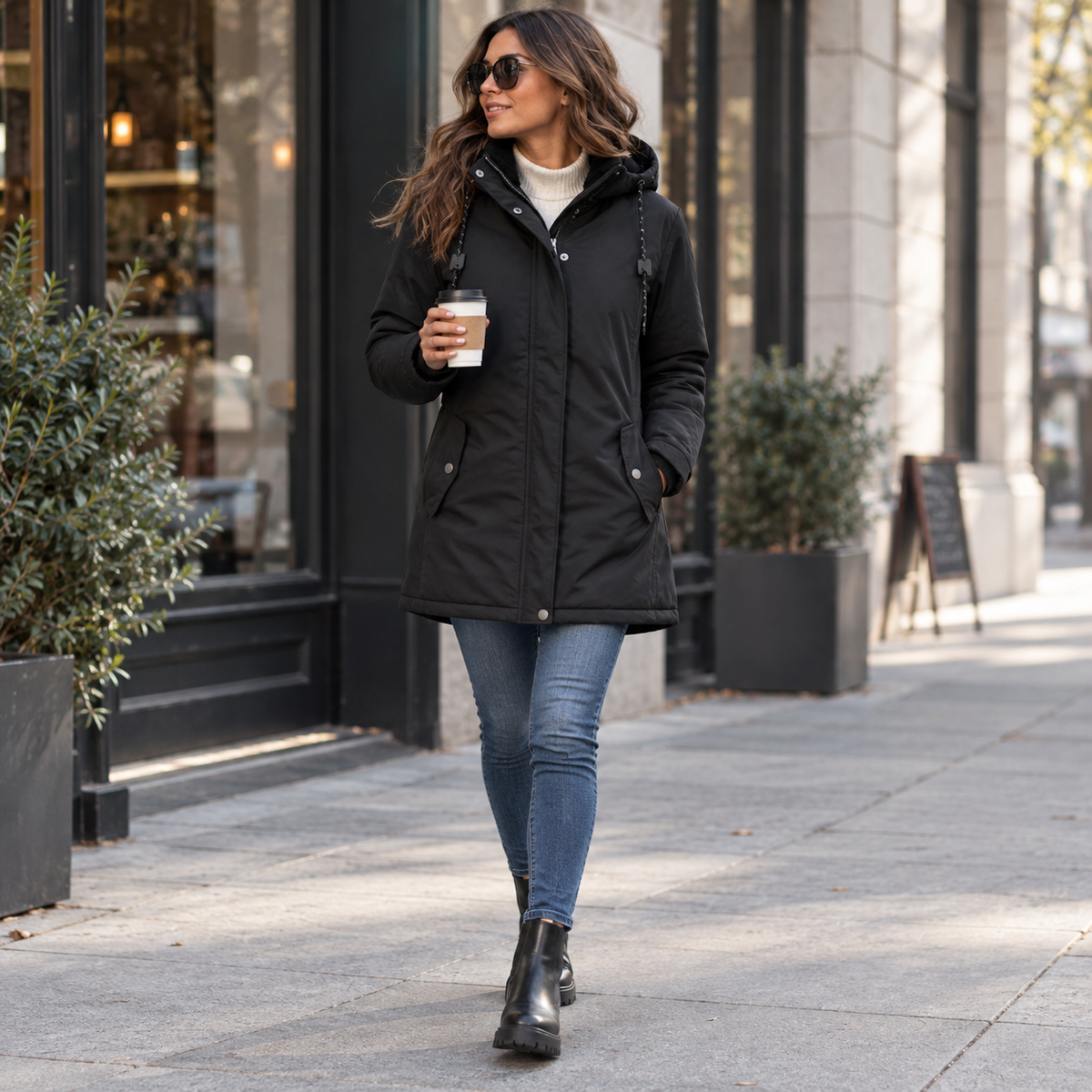 Damen Fleece-gefütterte Kapuzenjacke mit langem Schnitt – Wintermantel
