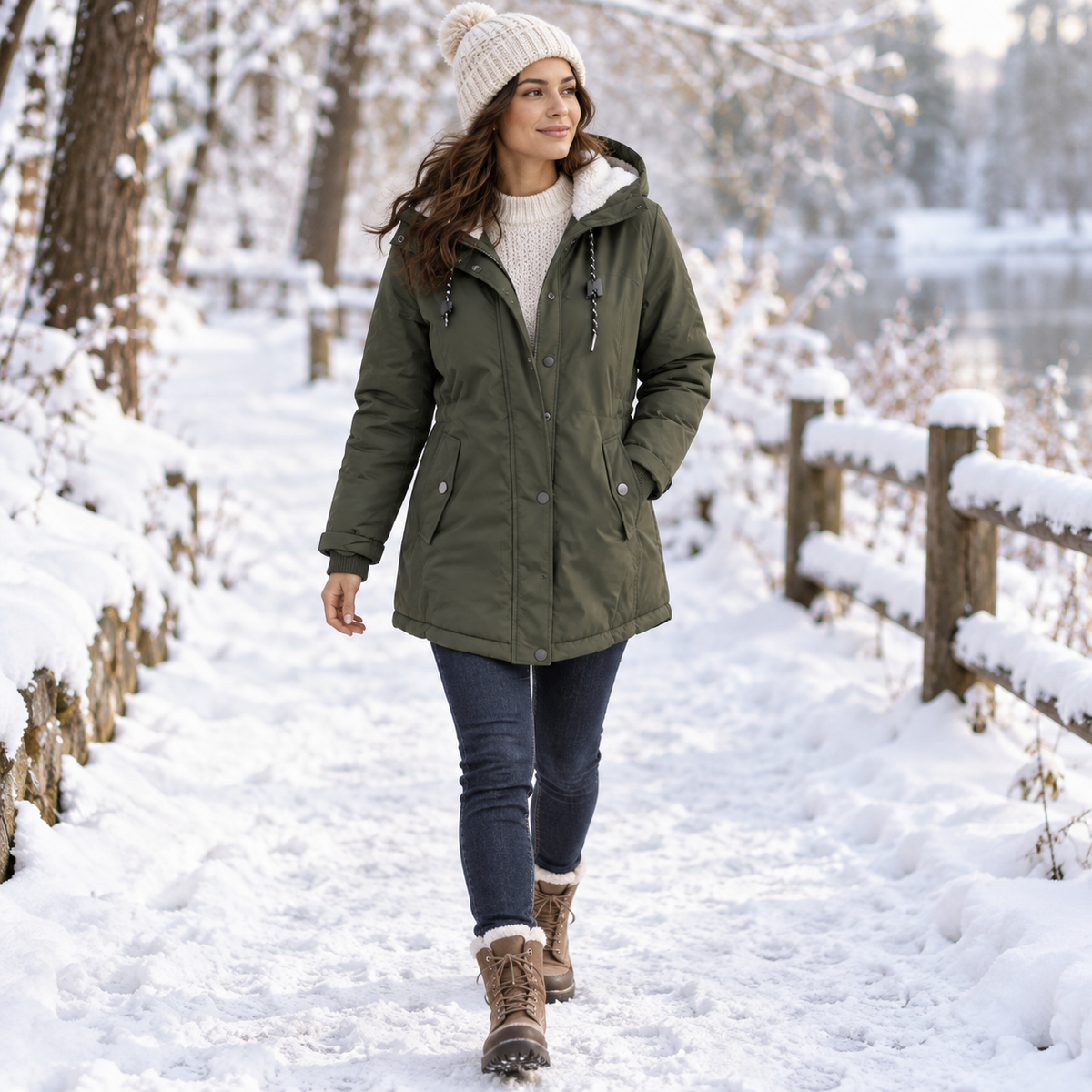 Damen Fleece-gefütterte Kapuzenjacke mit langem Schnitt – Wintermantel
