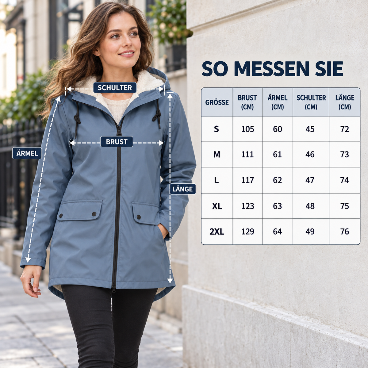 Damenmantel mit Fleece-Futter und Kapuze – Warme Winter-Regenjacke