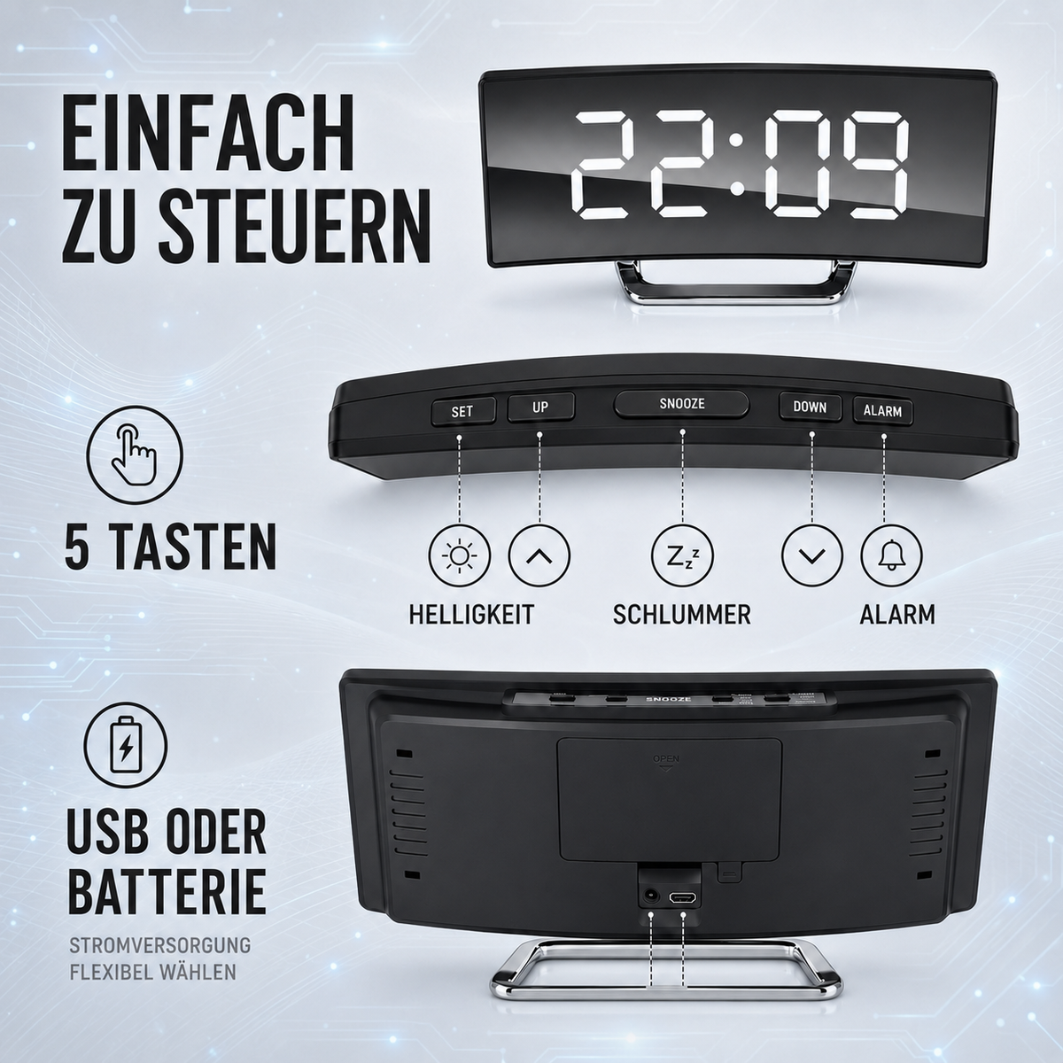 Digitaler Wecker mit Großanzeige & automatischer Dimmfunktion – CurveTime LED