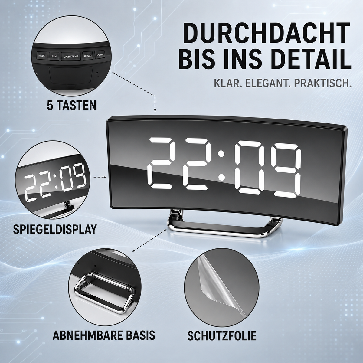 Digitaler Wecker mit Großanzeige & automatischer Dimmfunktion – CurveTime LED