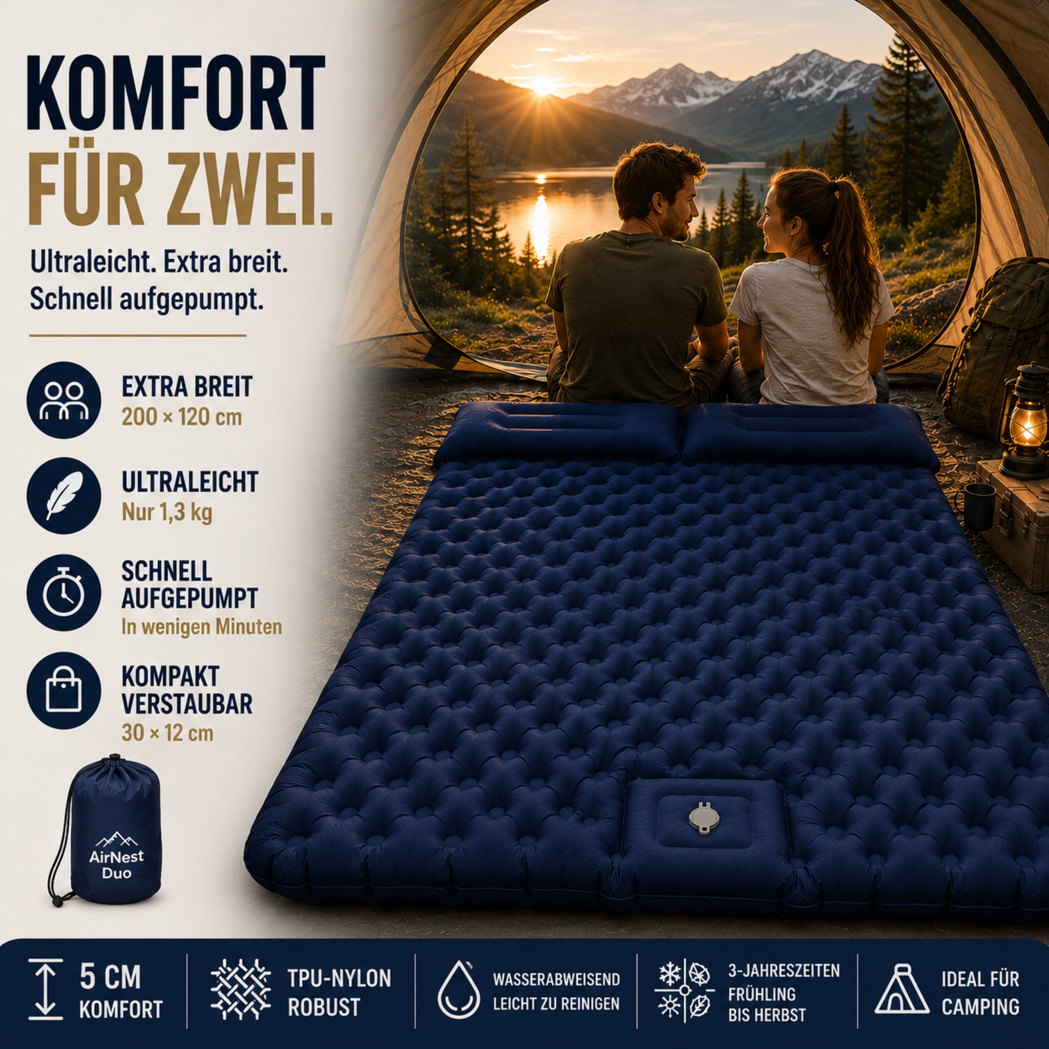 Doppelte Camping Isomatte mit Fußpumpe – AirNest Duo