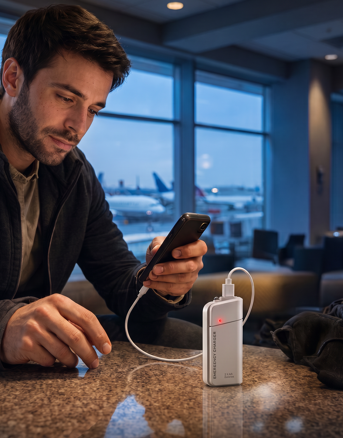 Tragbares Notladegerät mit AA-Batterien – USB-Aufladung, kompakt und mit LED-Taschenlampe – perfekt für Reisen, Pendelverkehr und Stromausfall