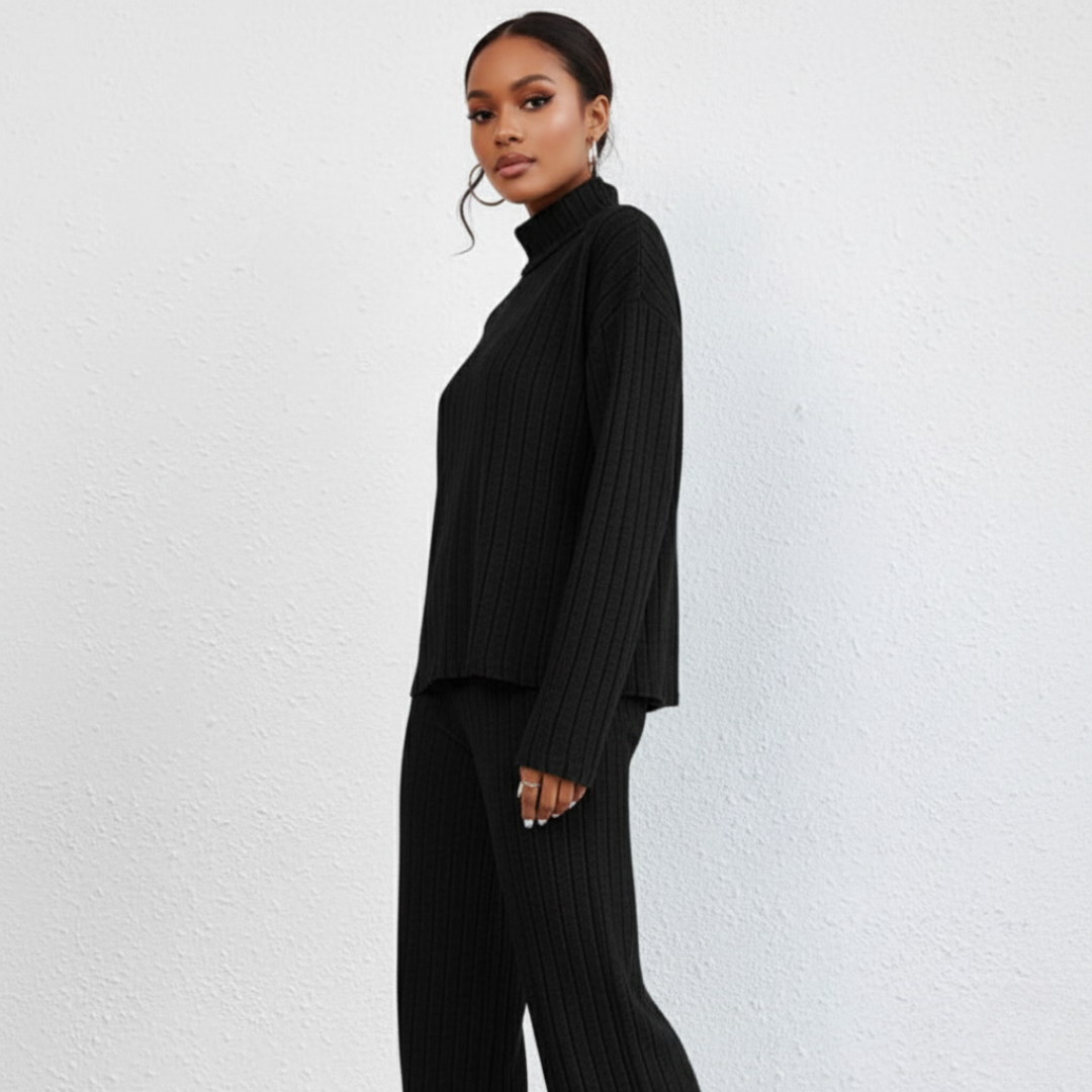 Damen Strickanzug – Zweiteiliges Set mit Rollkragen & Weitbeiniger Hose | Eleganter Lounge-Stil