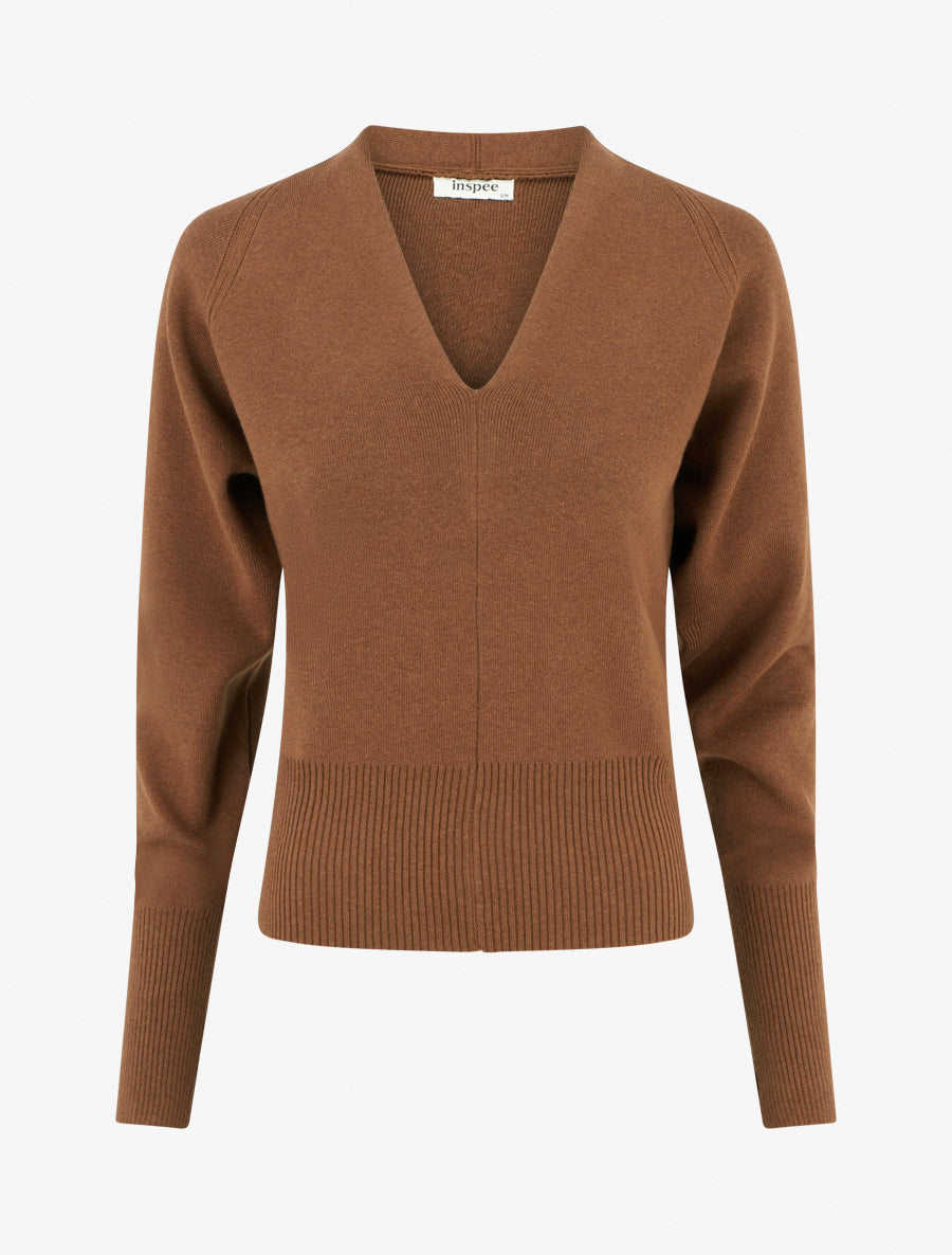 Pullover uni Strick tailliert V-Ausschnitt - Camel