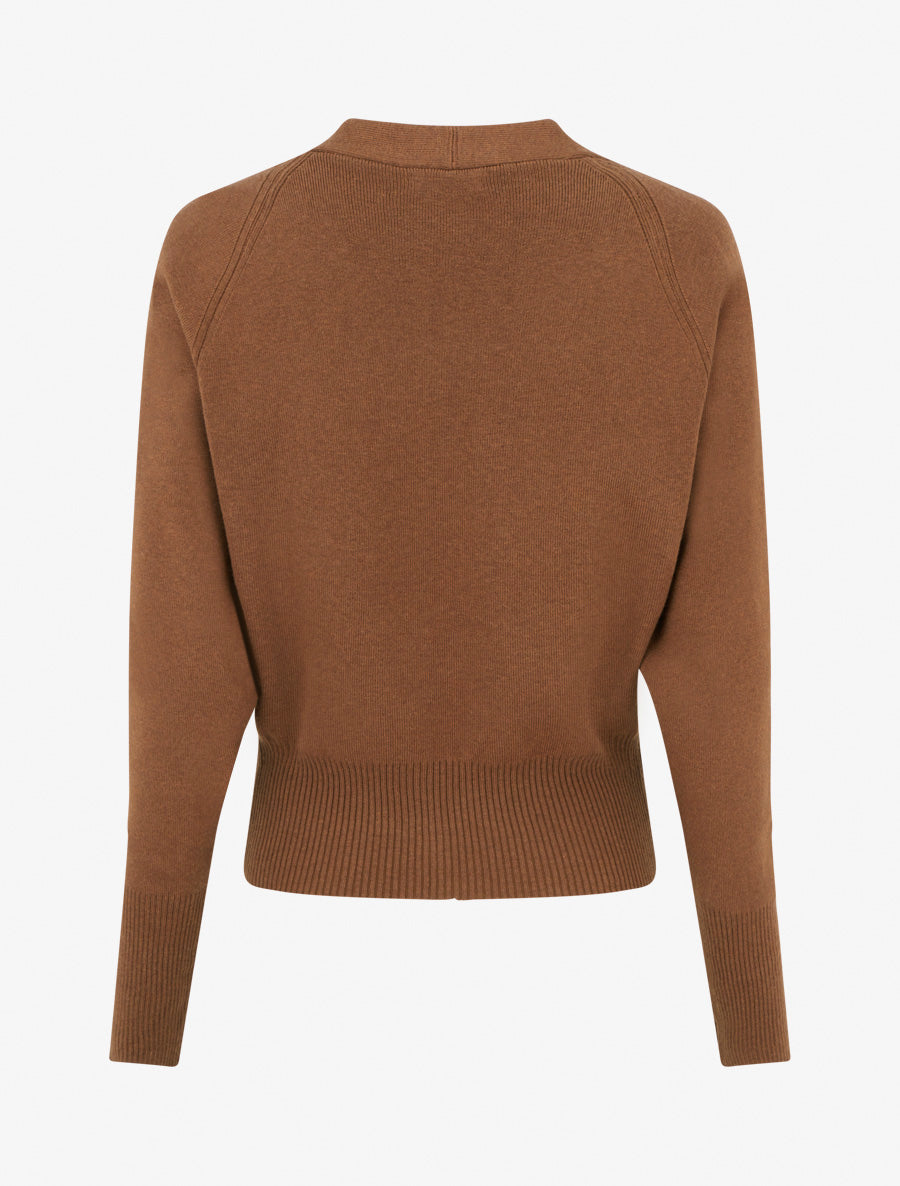 Pullover uni Strick tailliert V-Ausschnitt - Camel
