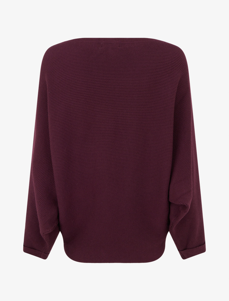 Gerippter Pullover mit U-Boot-Ausschnitt - Weinrot