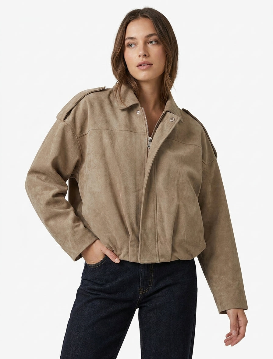 Bomber in Wildlederoptik mit Schulterklappen - Taupe