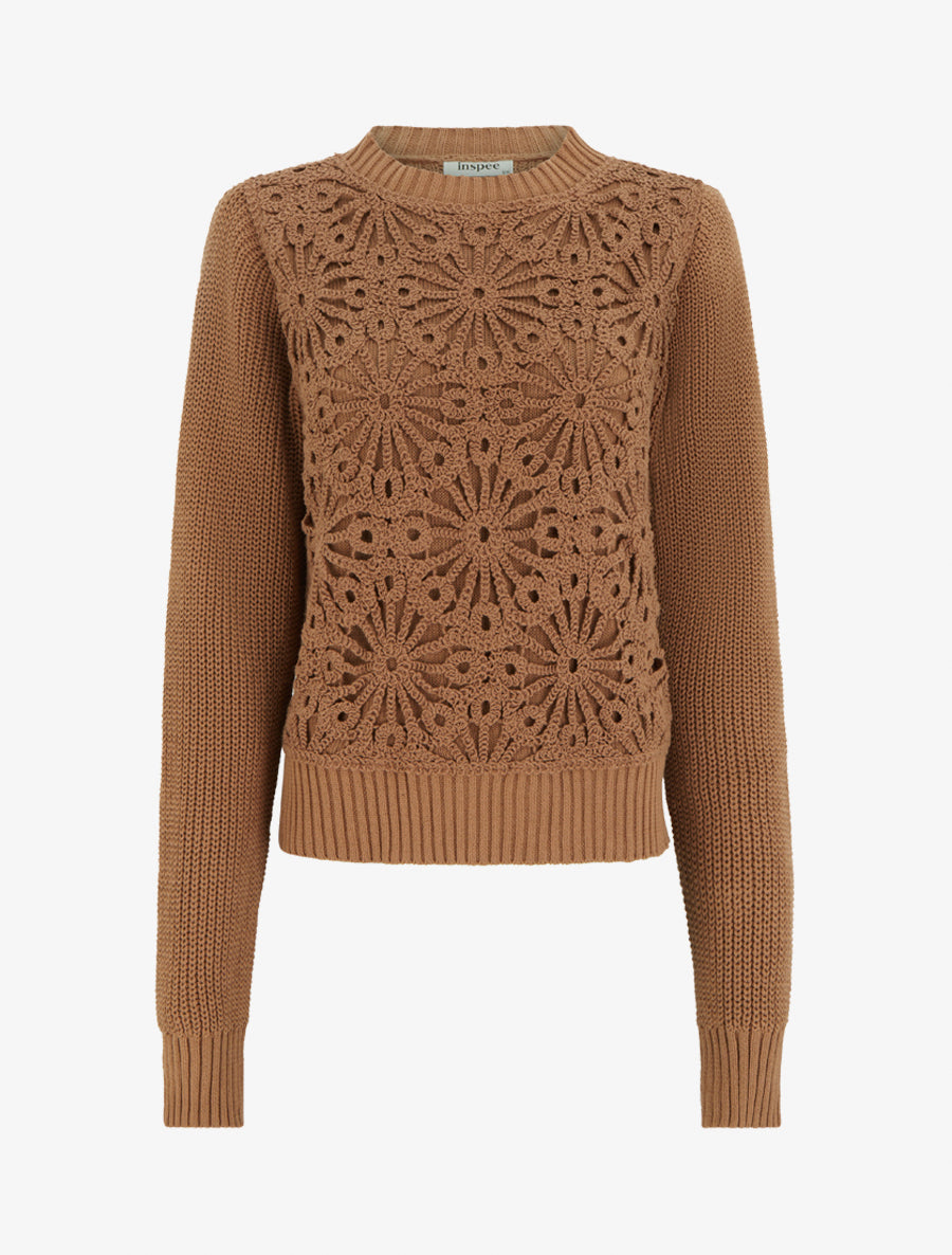 Baumwollpullover mit Rundhalsausschnitt und Makramee-Strick