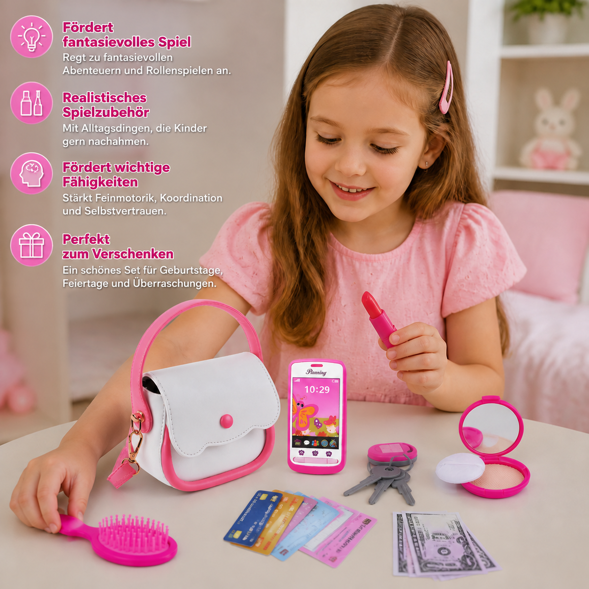 Nordspur | Kinder-Rollenspiel-Handtaschenset mit Telefon, Make-up und Zubehör