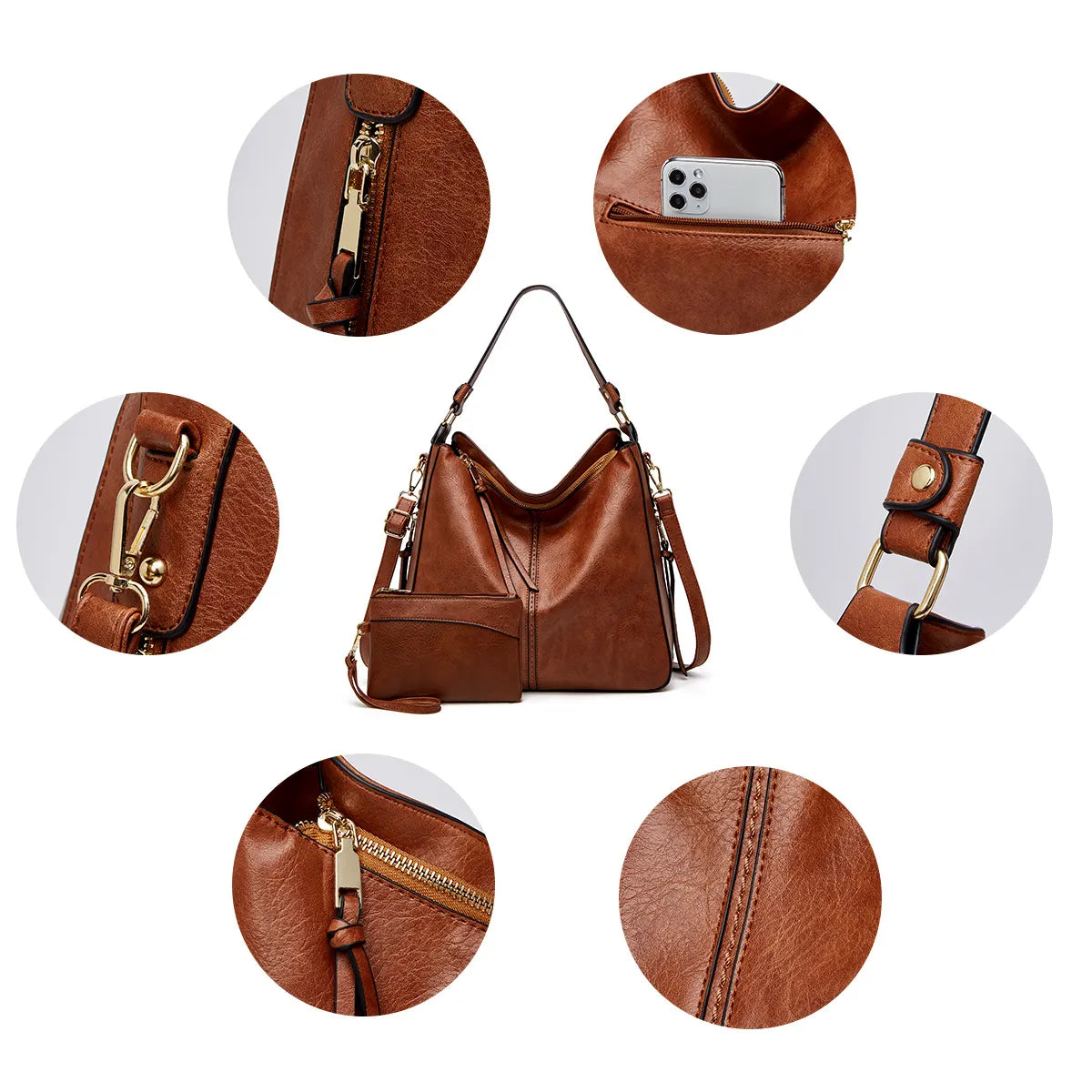 Luxuriöses Leder 3-teiliges Hobo-Taschen-Set