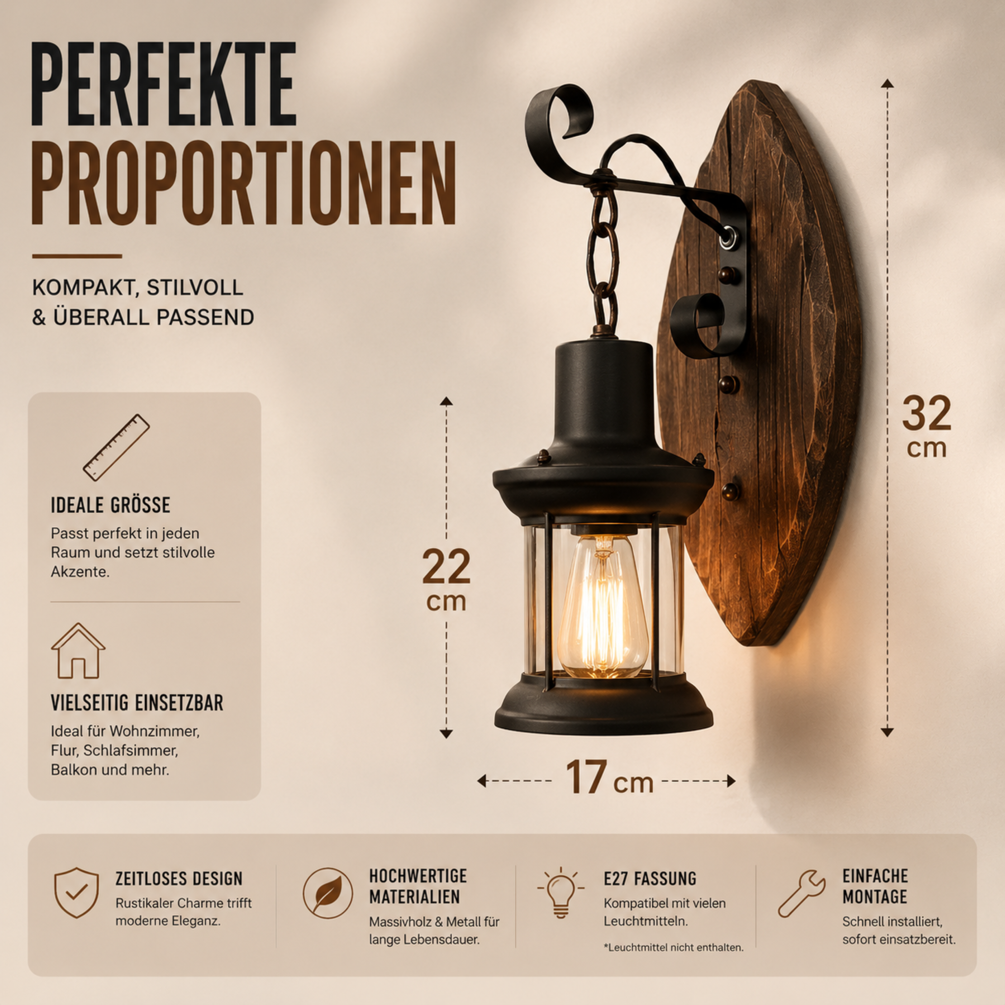 Innenbeleuchtung Vintage Wandlampe mit Holzrückwand – LanternGlow Light