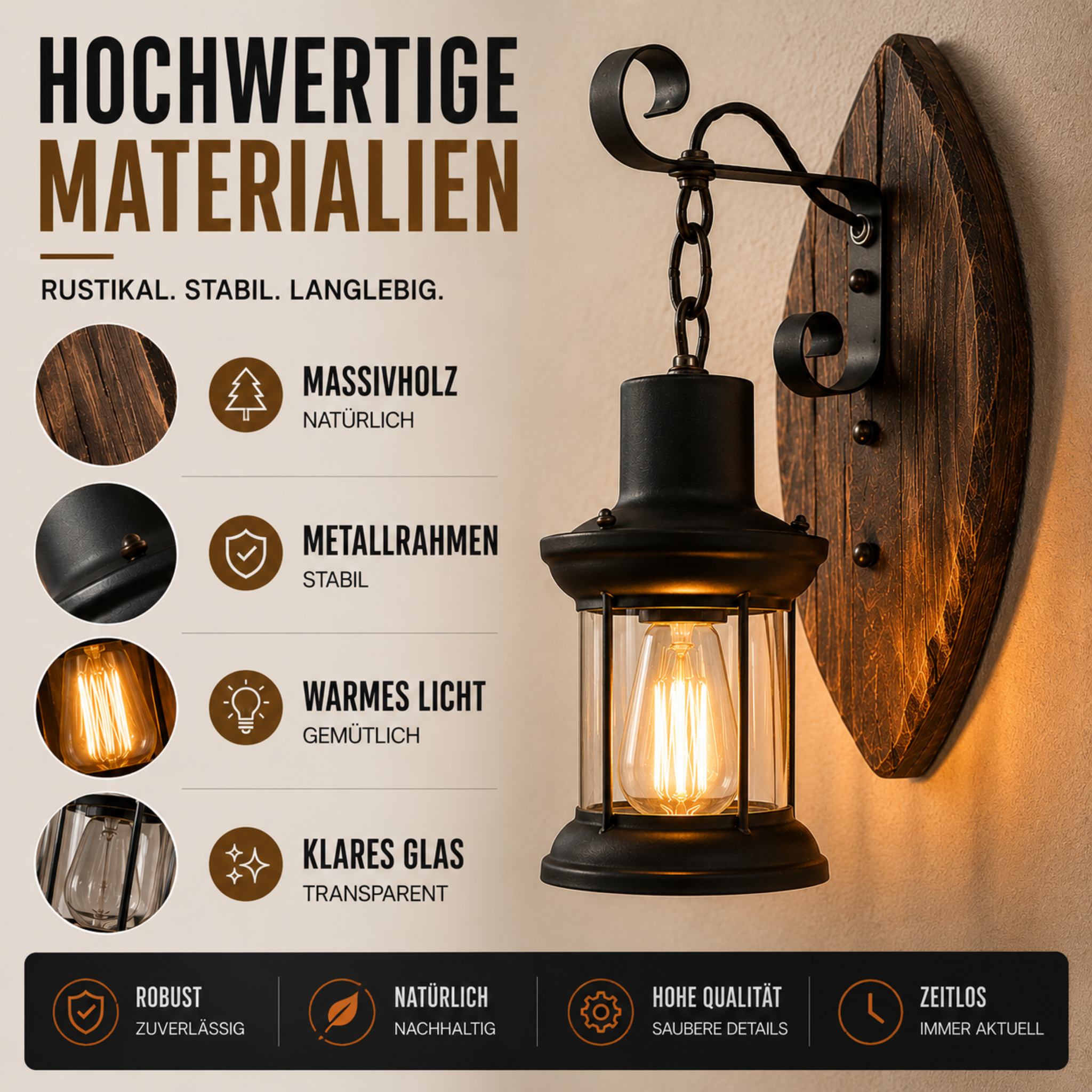 Innenbeleuchtung Vintage Wandlampe mit Holzrückwand – LanternGlow Light