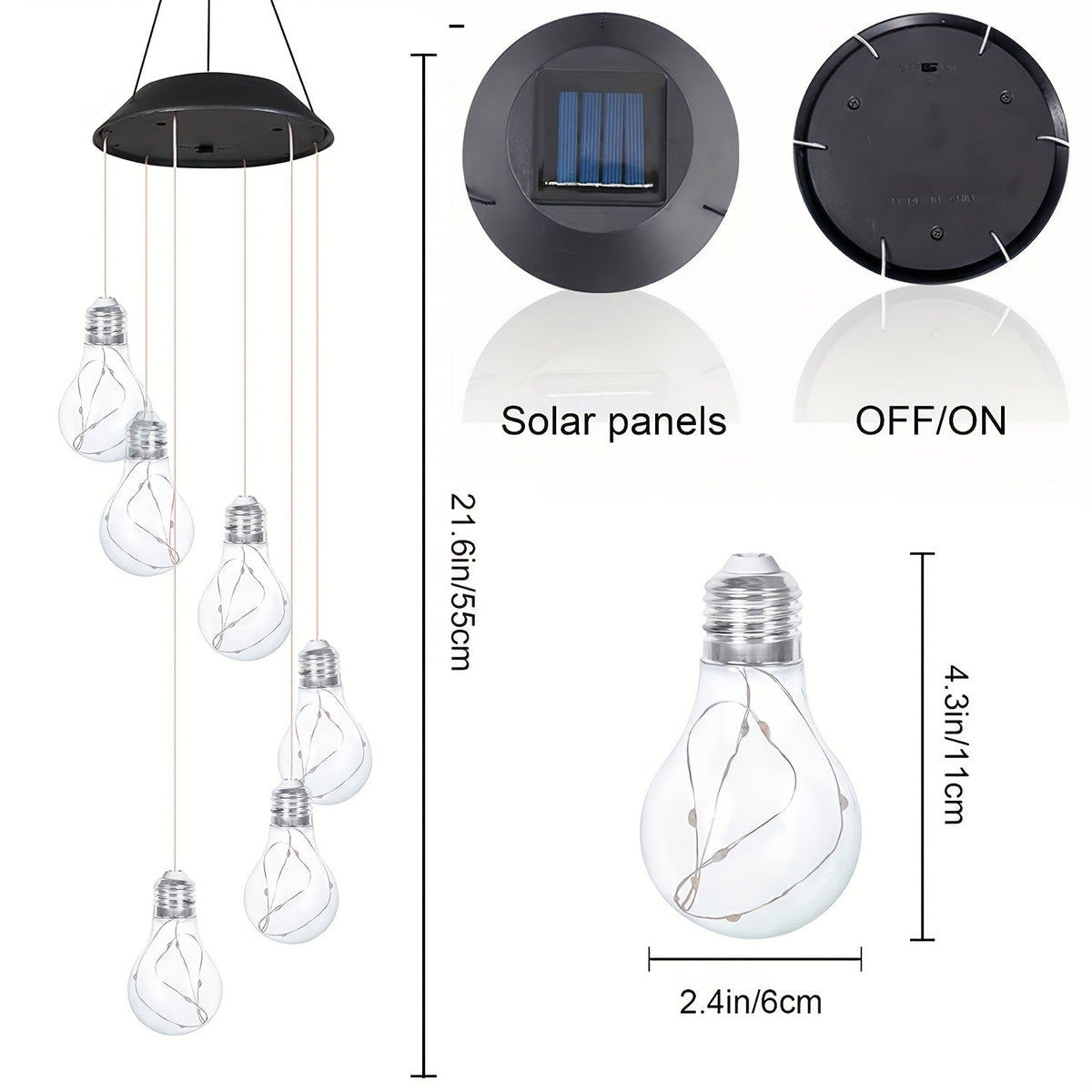 Solar-Glühbirnen-Windspiel mit farbwechselnden LEDs, 55 cm