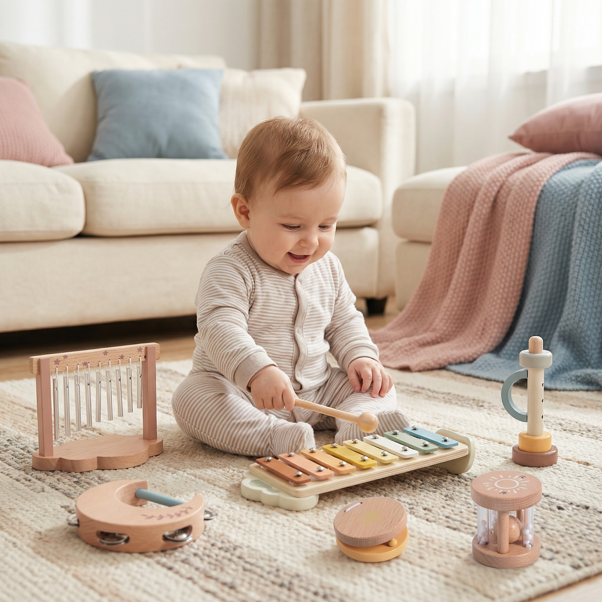 Holz-Instrumentenset für Babys – 6-teiliges sensorisches Musik- und Klangspielzeug