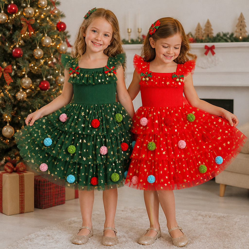Weihnachtliches Tutu-Kleid für Mädchen mit Pompons, Pailletten-Sternen und gerüschten Ärmeln