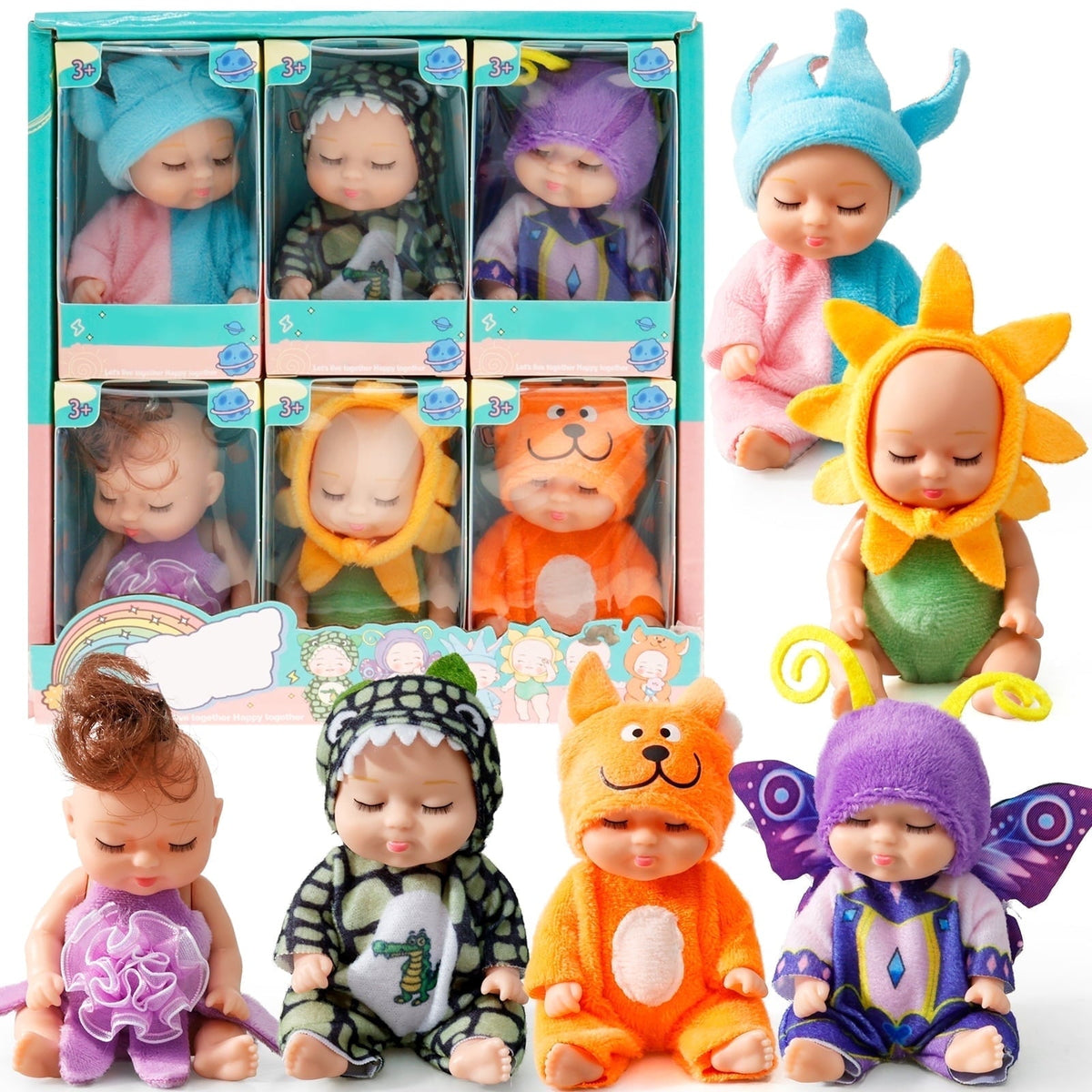 6-teiliges Mini-Babypuppen-Set mit Schmetterlings- und Blumen-Outfits, 10 cm