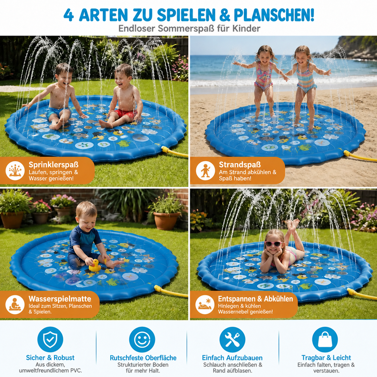 Nordspur | Aufblasbare Kinder-Spritzfläche mit Sprinkler – Outdoor-Wasserspielmatte für Garten & Strand