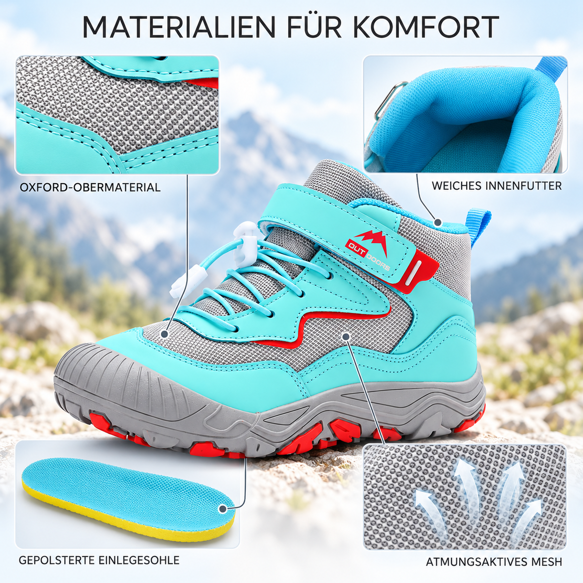 Kinder-Mittelhoch-Wanderstiefel mit praktischem Klettverschluss