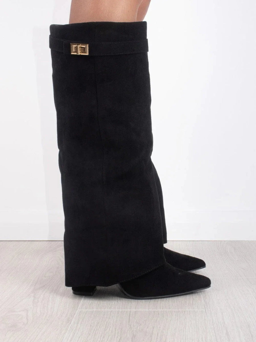 Kniehohe Stiefel – Damenstiefel aus Wildlederimitat mit spitzer Zehenpartie und Absatz