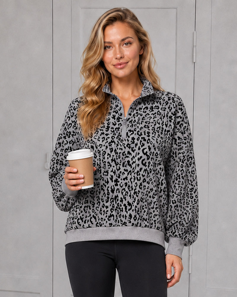 Leoparden-Print Oversized Pullover mit halbem Reißverschluss