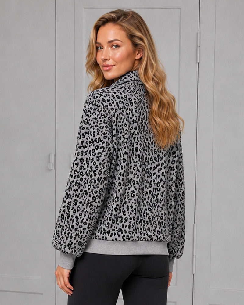 Leoparden-Print Oversized Pullover mit halbem Reißverschluss