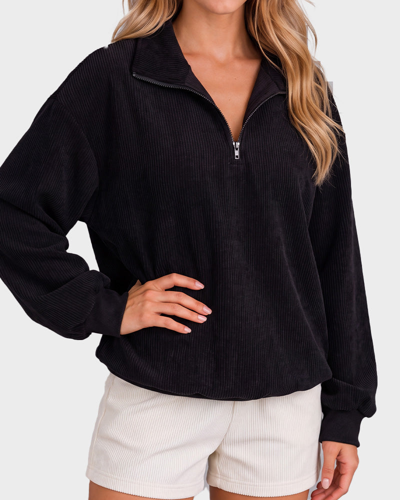 Leoparden-Print Oversized Pullover mit halbem Reißverschluss