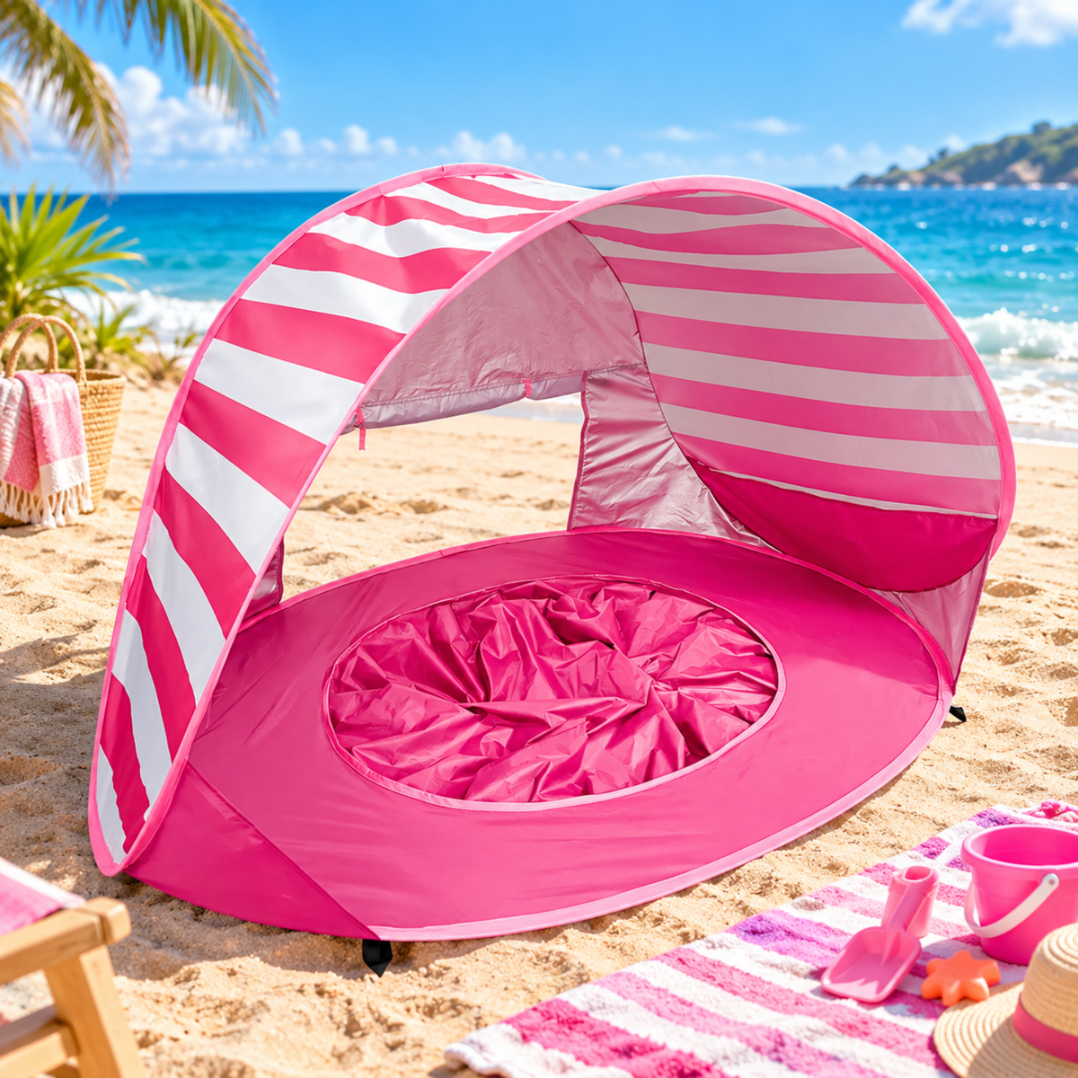 3-in-1 Baby-Strandmuschel mit Planschbecken | UPF 50+ Pop-Up Sonnenschutz - Gestreift Rosa